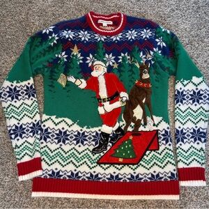 Festive Christmas Sweater with Santa and Reindeer Playing Cornhole